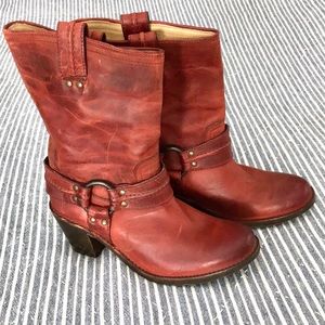 Frye Red Leather Harness Boots Round Toe